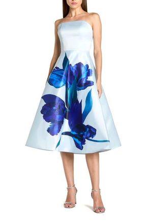 Mac Duggal Strapless Satin Midi Dress With Flower Print in Blue Multi at Nordstrom, Size 14