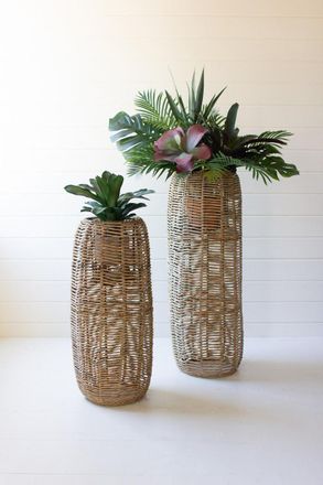 Kalalou Set Of Two Woven Seagrass And Iron Barrel Planters