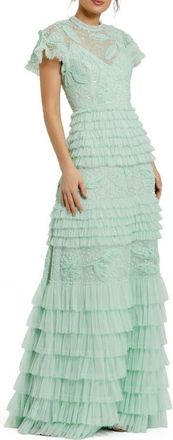 Mac Duggal Beaded Mesh High Neck Micro Ruffle Floral Gown in Sage at Nordstrom, Size 12