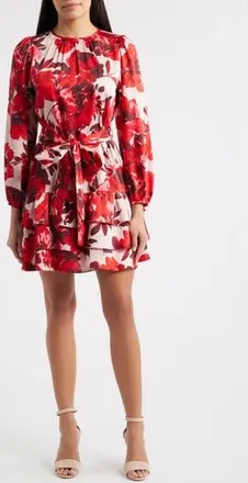 Anne Klein Floral Tiered Tie Waist Dress in Rose Mist Multi at Nordstrom Rack, Size 16