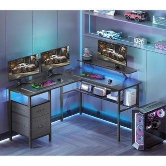 Vasagle L-Shaped Gaming Desk Power Outlets LED Lights 2 Drawers USB Ports in Black