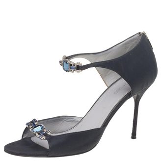 Sergio Rossi Black Satin Embellished Open Toe Pumps