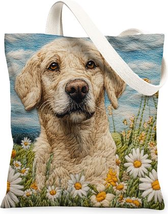 Generic Spring Labrador Retriever Dog Canvas Tote Bag for Shopping 13x15, Knitting Style Garden Puppy Reusable Grocery Print Pattern Bag for Women, Fun Pet Be