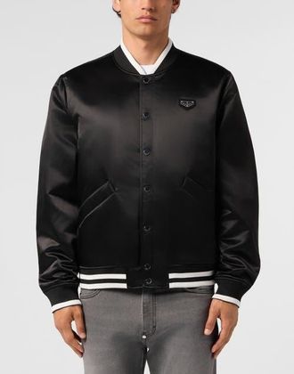 Philipp Plein Satin College Bomber Plein Logo Men in Black at Nordstrom, Size Xxx-Large