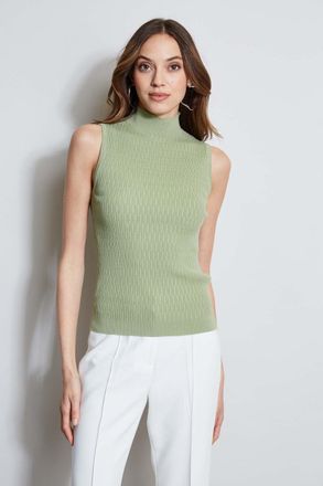 T Tahari Sweater Womens Soft Moss Cable Knit Sleeveless Mock Neck FTS12