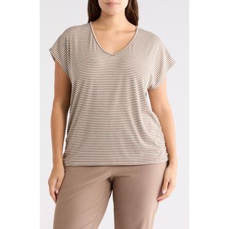 Max Studio Stripe Cap Sleeve Cinch Side T-Shirt in Mushroom/Ecru at Nordstrom Rack, Size 3 X