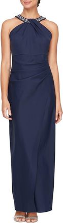 Alex Evenings Contour Collection Halter Neck Column Evening Gown in Navy at Nordstrom, Size 16