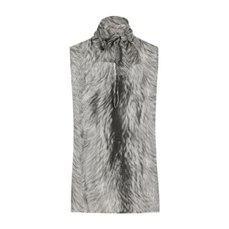 Dolce & Gabbana Fur Print Silk Chiffon Bow Top - Dames - Tops zonder mouwen - Grijs - M - Chiffon - Tops