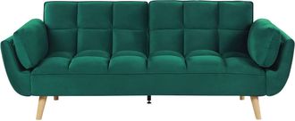 Beliani Sof&aacute; Cama Tapizado En Tela De Terciopelo Verde 3 Plazas Patas De Madera Relleno De Espuma Espalda Dividida Relleno De Galleta Asby