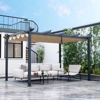 Costway Costway Outdoor Retractable Pergola Aluminum Grill Pavilion Canopy Shelter Grape Trellis in Beige