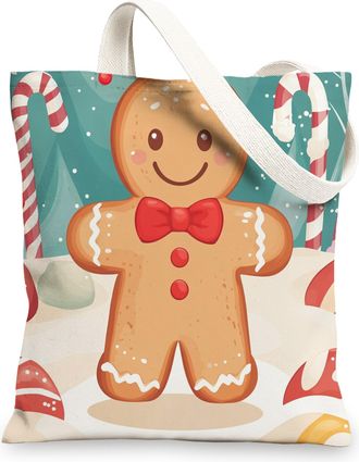 Generic Kid Christmas Gingerbread Man Canvas Tote Bag for Shopping 13x15, Cartoon Fun Candy Xmas Reusable Grocery Print Bag for Women Men, Holiday New Year Ae