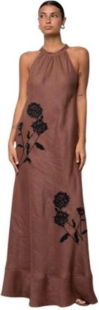 Kaos Lange Linnen Jurk met Bloemenaccenten - Dames - Maxi kleedjes - Bruin - S - Linnen - Kleedjes