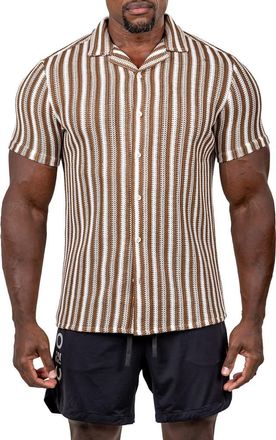 Maceoo Marthy Knit Short Sleeve Button-Up Shirt in Brown at Nordstrom, Size 4