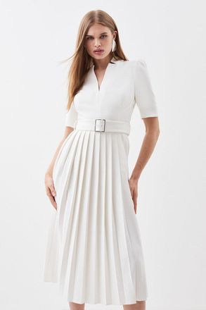 Karen Millen Womens Tailored Structured Crepe Forever Pleat Belted Midi Dress - White - Size 10 UK