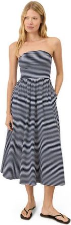 Pact Fit & Flare Strapless Dress Made With Organic Cotton in Hudson Stripe Navy Blue at Nordstrom, Size Medium
