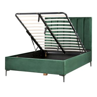 Beliani Cama Con Almacenaje Cabecero Acolchado Patas Negras Metal Terciopelo Verde Oscuro 140 X 200 Cm Sezanne