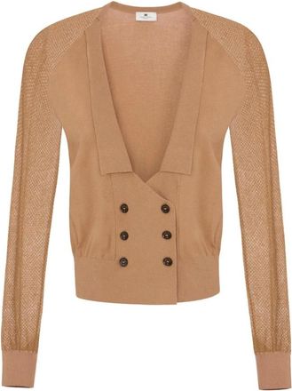 Elisabetta Franchi Truien & Vesten, Dames, Bruin, XL, Cardigan met sjaalkraag en dubbele knoopsluiting