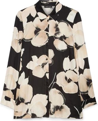 Fiorella Rubino Floral Print Satin Shirt - Dames - Overhemden - Zwart - 2XL - Satijn - Overhemden