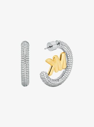Michael Kors Large Pav&eacute; Logo Charm Two-Tone Hoop Earrings