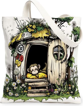 Generic Spring Monkey Canvas Tote Bag for Shopping 13x15, Fun Flower Animal House Reusable Grocery Print Pattern Bag for Women, Cute Wildflower Beach Aestheti