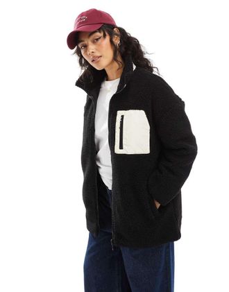 Only oversized funnel neck teddy fleece jacket in black