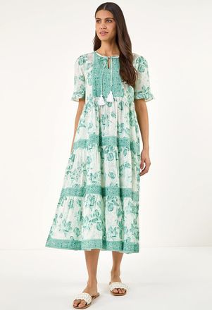 Roman Floral Print Tiered Midi Dress
