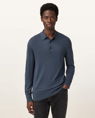 AllSaints Mens Merino Wool Mode Merino Long Sleeve Ramskull Polo Shirt, Size: XXL