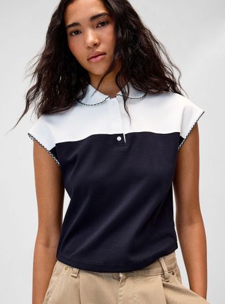 Twik Womens Two-tone scallop-trim Polo Shirt shirt