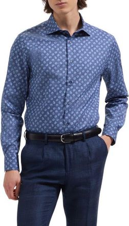 Bugatchi Axel Shaped Fit Floral Print Cotton Button-Up Shirt in Navy at Nordstrom, Size Xxx-Large