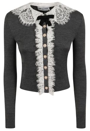 Self Portrait Anthracite Grey Lace Collar Knit Cardigan with Jeweled Buttons
