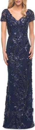 La Femme Stunning Beaded Long Gown with V Neckline in Navy at Nordstrom, Size 10