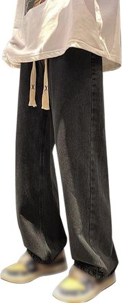 Generic Mens Jean Mens Jeans Baggy Retro Jean Hip Hop Lounge Trendy Drawstring Elasticated Waist Wide Leg Trouser Bottoms Walking Hiking Sweatpants Office Jea