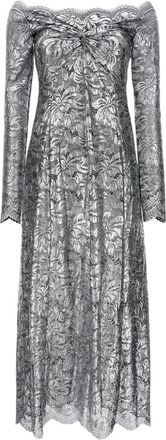 Paco Rabanne Lace Maxi Dress With Boat Neckline And Metallic Finish