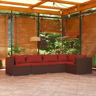 vidaXL Set Sof&aacute;s De Jard&iacute;n 5 Piezas Y Cojines Rat&aacute;n Sint&eacute;tico Marr&oacute;n Vidaxl