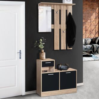 IDMarket Guardarropa De Entrada Con Espejo Puertas De Haya Negra Dise&ntilde;o Paulin