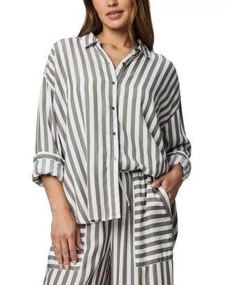 Splendid Ella Stripe Button Down Shirt In Soft Vintage Olive Branch/white