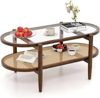 Costway 2-Tier Coffee Table Rattan Center Cocktail Tea Table Tempered Glass Tabletop