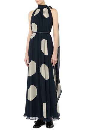 Max Mara Agente Polka Dot Long Silk Georgette Dress in Midnight Blue at Nordstrom, Size 2