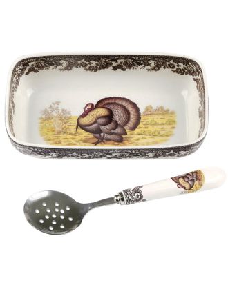 Spode Woodland Turkey Cranberry Dish With Slotted Spoon
