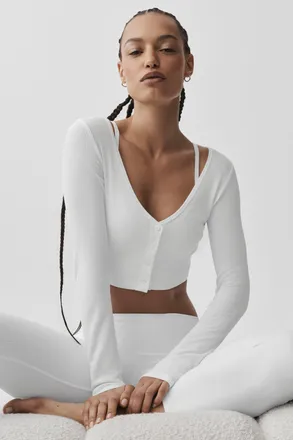 Alo | Ribbed Cropped Whisper Cardigan Top in White, Size: 2XS