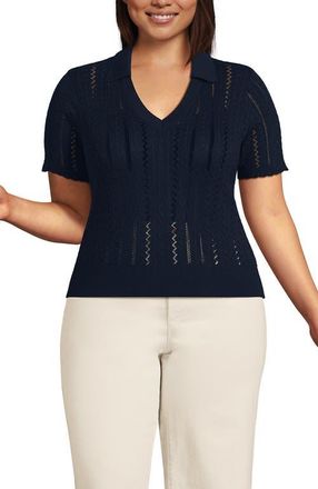 Lands End Fine Gauge Cotton Pointelle Polo Sweater in Radiant Navy at Nordstrom, Size 1X