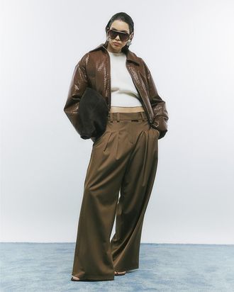 River Island Womens Bomber Jacket Brown Faux Leather Woven - Size X-Large