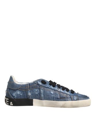 Dolce & Gabbana Blauwe Versleten Denim Lage Sneakerschoenen