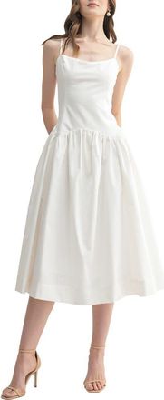 All in Favor Drop Waist Cotton & Linen Midi Dress in White at Nordstrom, Size Medium