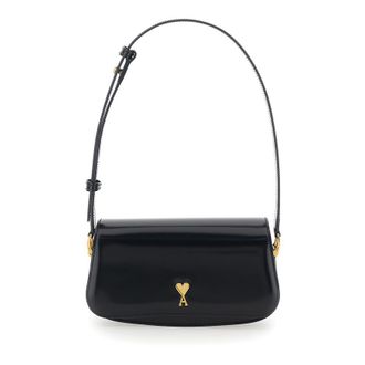 Ami Black Shoulder Bag Paris with Adjustable and Removable Strap ADC Plate on the Front in Leather for Women