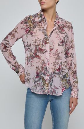 L'agence Laurent Mixed Print Button-Up Shirt in Light Pink at Nordstrom, Size Xx-Large