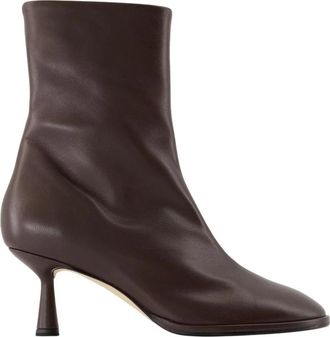 Aeyde Bruin leren puntige neus enkellaarzen - Dames - Laarzen met Hak - Bruin - 38 EU - Leer - Schoenen