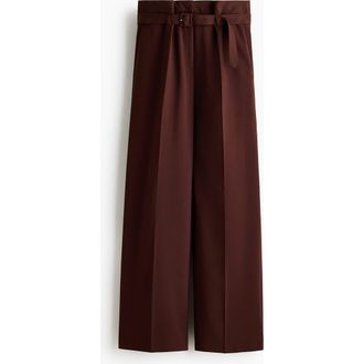 H&M Belted Paper Bag Trousers in Dark Brown at Nordstrom, Size 10