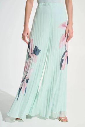 Joseph Ribkoff Chiffon Floral Pleated Wide Leg Pants In Green/multi