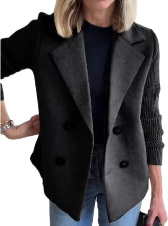 Generic Womens Lapel Button Knitted Patchwork Sleeve Casual Coat, Patchwork Double Breasted Blazer Sweater (Black,L)